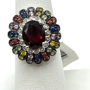 Sterling Silver Cocktail Ring Faceted Red Quartz and Multi Gemstone Ring Size 6